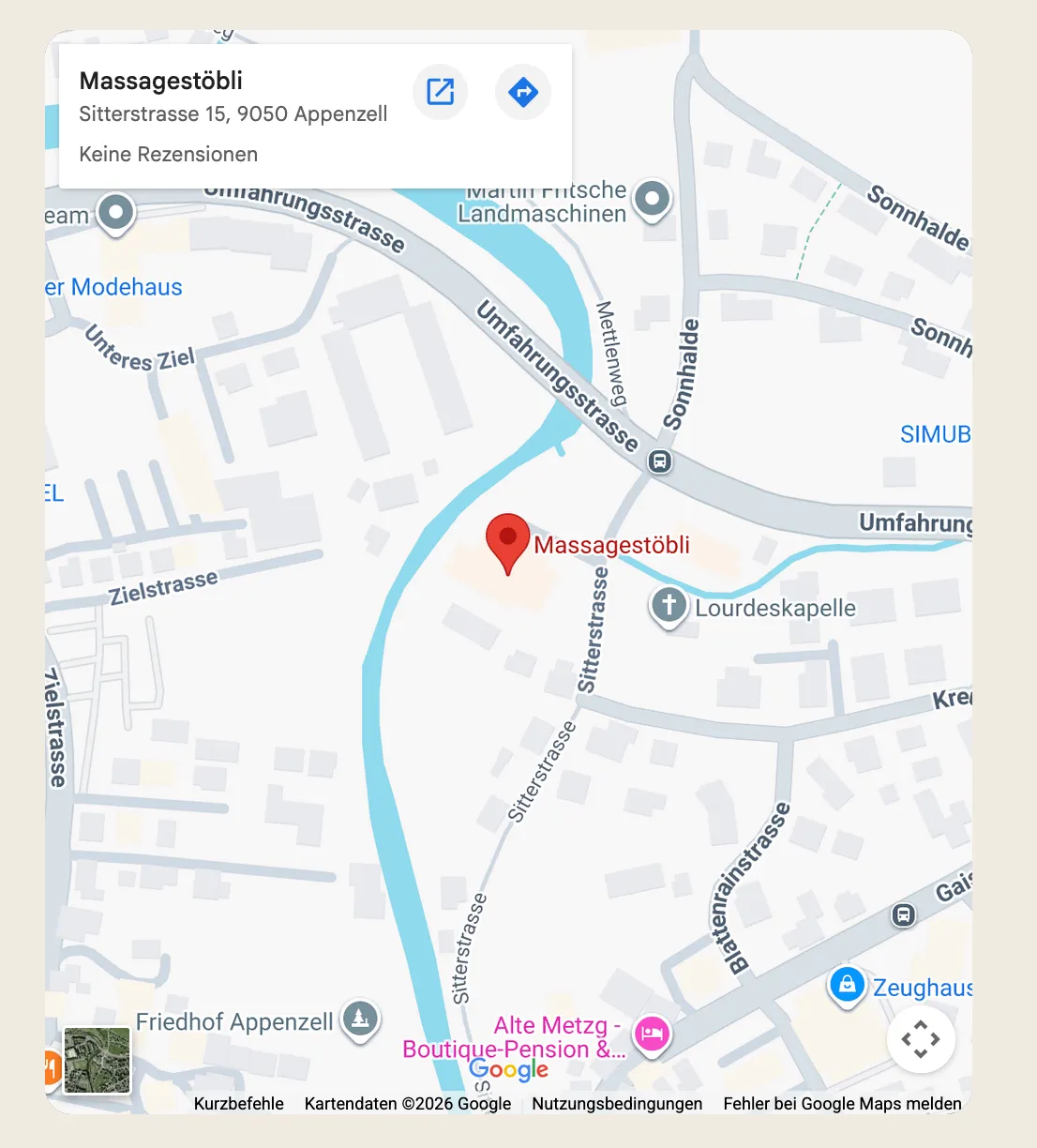 Karte: Massagestöbli, Sitterstrasse 15, 9050 Appenzell